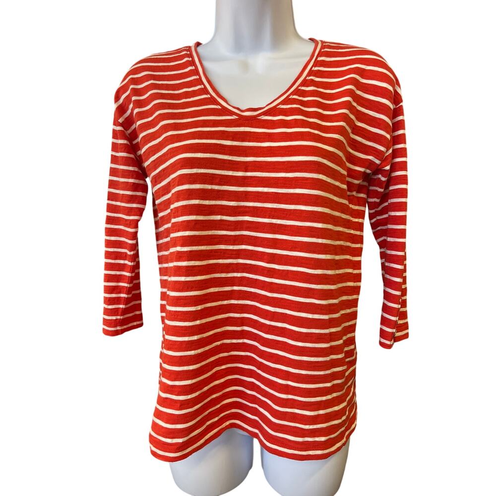 Talbots T-Shirt Top Orange-Red White Striped Long Sleeve Nautical Large